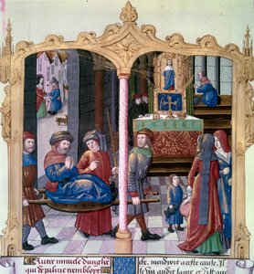 सेंट लुइस के चमत्कार: राजा लुई IX (1214-1270) ने एक लकवाग्रस्त से युद्ध किया। 15 वीं शताब्दी की पांडुलिपि "द बुक ऑफ फैक्ट्स मॉन्सिग्नर सेंट लुइस" से लघु। पेरिस, बीएन द्वारा अज्ञात कलाकार