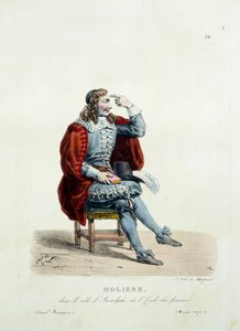 1670 में "द स्कूल ऑफ वीमेन" के टुकड़े में अर्नोल्फ़ की भूमिका में मोलिरे की पोशाक। हिप्पोलीटे लेकोमटे (1781-1857) द्वारा फ्रांसीसी कॉमेडी की पोशाक। 19वीं सदी की नक्काशी। कोल। चल दर। द्वारा अज्ञात कलाकार