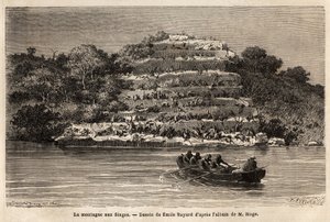 गौइना फॉल्स (माली) के तुरंत बाद सेनेगल नदी के किनारे बंदर पर्वत। 1863 और 1866 के बीच पश्चिमी सूडान में लेफ्टिनेंट मैज की यात्रा की कहानी को चित्रित करने के लिए उत्कीर्णन, डी के तहत "ले टूर डू मोंडे, नोव्यू जर्नल डेस वॉयेज" में प्रकाशित हुआ। द्वारा अज्ञात कलाकार
