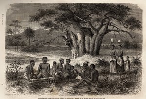ज़ाम्बीज़ नदी के तट पर मारिम्बा (बालाफ़ोन और प्रीकोलम्बियाई वाद्ययंत्रों का मिश्रण) बजाते संगीतकार। 1840 से 1856 तक डॉ. लिविंगस्टोन की दक्षिणी अफ्रीका की पहली यात्राओं का वर्णन करने के लिए उत्कीर्णन, "ले टूर डू मोंडे, नोव्यू जर्नल डेस वॉयेज" में द्वारा अज्ञात कलाकार