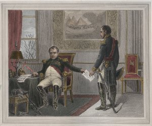 नेपोलियन ने अपने पदत्याग 1814 पर हस्ताक्षर किए - नेपोलियन बोनापार्ट (1769-1821) ने अपने पहले पदत्याग के दौरान फॉनटेनब्लियू में, अप्रैल 1814 में हस्ताक्षर किए "लेस फास्ट्स पॉप्युलैरेस, ओ हिस्टोइरे डेस हीरोइक्स डू पीपल एट डी सन इंपैक्ट सुर लेस साइंसेज,  द्वारा अज्ञात कलाकार