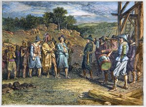 अमेरिका की मूल जनसंख्या: भारतीय। बसने वालों ने मासासोइट (1590-1661) से मुलाकात की, जिसे ओसामेक्विन "येलो फेदर" के रूप में भी जाना जाता है, जो वैम्पानोग जनजाति के प्रमुख, प्लायमाउथ कॉलोनी, वर्ष 1620। वैम्पानोग नेता मासासोइट प्लायमाउथ में उपनिवेशवा द्वारा अज्ञात कलाकार