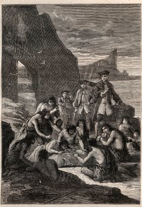 उनमें से एक ने दांतों के साथ डिकॉउंड किया: वाइस-एडमिरल जॉन बायरन (1723-1786) मैगेलन के डेट्रायट के द्वीपों में से एक पर - फुएजियन (टिएरा डेल फुएगो के निवासी) अपने दांतों के साथ एक व्हेल जो फटी और डरी हुई थी समुद्र तट पर - बीमार द्वारा अज्ञात कलाकार