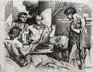 बाहरी भोज का दृश्य - विटेलियस (ऑलस विटेलियस जर्मेनिकस इंपीरेटर ऑगस्टस) रोमन सम्राट (15-69) एक दावत देते हुए - "" द यूनिवर्सल हेल्थ - मेडिकल गाइड फॉर फैमिलीज "" 1852 में उत्कीर्णन द्वारा अज्ञात कलाकार