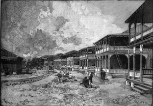 पनामा नहर। क्रिस्टोफर कोलंबस ए कोलन के नए शहर की गली: श्रमिकों का आवास। "" ले मोंडे इलस्ट्र्रे "" में उत्कीर्णन द्वारा अज्ञात कलाकार