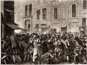 पेरिस IV arrondissement - La rue Quincampoix en 1720 a l'epoque du système de John Law (1671 - 1729) - "" L'agiotage a la rue Quincampoix" (कानून द्वारा दिवालिया होने का कारण) - सट्टेबाजों के साथ rue Quincampoix का दृश्य जॉन लॉ की व् द्वारा अज्ञात कलाकार
