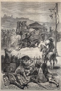 तोता शूटिंग - वाल्टर स्कॉट (1771-1832) द्वारा ऐतिहासिक उपन्यास "द प्यूरिटन्स ऑफ स्कॉटलैंड" (ओल्ड मॉर्टेलिटी) के लिए 19वीं सदी का चित्रण द्वारा अज्ञात कलाकार