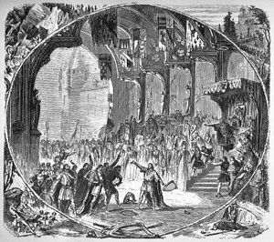 1861 में पेरिस ओपेरा में रिचर्ड वैगनर द्वारा "" टैनहौसर "" का प्रदर्शन। दूसरे अधिनियम का अंतिम दृश्य। न्यूविल के अल्फोंस ड्राइंग। द्वारा अज्ञात कलाकार