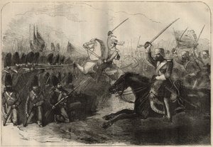फ़ारसी एंग्लो (एंग्लो-फ़ारसी) युद्ध (1856-1857): 8 फरवरी को कूश-अब (कूश अब, कूशाब) की लड़ाई के दौरान कैप्टन फोर्ब्स द्वारा कमान की गई तीसरी ब्रिटिश इंडो कैवेलरी का प्रभार द्वारा अज्ञात कलाकार