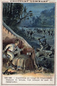 पियरे सवोर्गनन डी ब्रेज़ा (1852-1905), कांगो के तट पर फ्रांसीसी खोजकर्ता। शिविर का एक रात का हमला। द्वारा अज्ञात कलाकार