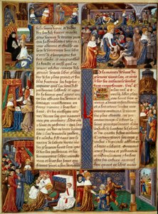 पीट दृश्य: "" राजा लुई IX (1214-1270) (सेंट लुइस) गरीबों के पैर धो रहा है, राजा प्रार्थना कर रहा है और राजा से ईसाई दान के दृश्य"" एक पांडुलिपि से लघु "" मॉन्सिग्नर संत के तथ्यों की पुस्तक लुई ”” 15 वीं शताब्दी। पेरिस, बीएन द्वारा अज्ञात कलाकार