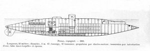 1884 में इसहाक पेरल (1851-1895) द्वारा डिजाइन की गई स्पेनिश पनडुब्बी (पनडुब्बी) पेरल का प्रतिनिधित्व करने वाली प्लेट द्वारा अज्ञात कलाकार