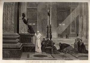 पोप पायस IX (पियो 9) (1792-1878) वेटिकन में बेसिलिका के प्रवेश द्वार पर सेंट पीटर की मूर्ति के पैर में एकत्र हुए। 1864-1868 में फ्रांसिस वे द्वारा रोम की कहानी को चित्रित करने के लिए उत्कीर्णन, "ले टूर डू मोंडे" में प्रकाशित, डी'एडौअर द्वारा  द्वारा अज्ञात कलाकार