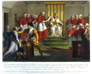 पोप पायस VII (1742 - 1823) ने 10 जून 1809 को नेपोलियन बोनापार्ट को विदा किया। 19 वीं शताब्दी का उत्कीर्णन। द्वारा अज्ञात कलाकार