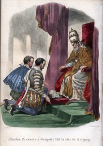 पोप पोप ग्रेगरी XIII (1502-1585) को फ्रांस के राजा चार्ल्स IX (1550-1574) से उपहार के रूप में 1572 में सेंट बार्थोलोम्यू दिवस नरसंहार पर हत्या कर दी गई गैस्पर्ड डी कॉलिग्नी (1519-1572) का सिर प्राप्त होता है। द्वारा अज्ञात कलाकार