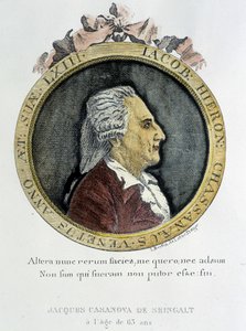 कैसानोवा का पोर्ट्रेट (1725 - 1798) - बोहेमिया में डक्स को लिखा गया, "" वेनिस गणराज्य की जेलों से मेरे भागने का इतिहास" में, अग्रभाग में चित्र द्वारा अज्ञात कलाकार