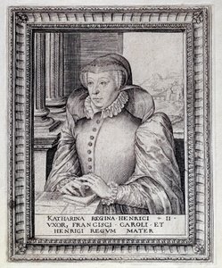 कैथरीन डी मेडिसिस (कैटरिना डी मेडिसी) (1519-1589), फ्रांस की रानी का पोर्ट्रेट। 16वीं शताब्दी की नक्काशी। पऊ, मुसी दू चेटो द्वारा अज्ञात कलाकार