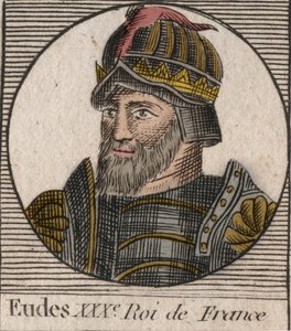 पोर्ट्रेट ऑफ़ यूड्स (ओडन) (v. 860 - 898), काउंट ऑफ़ पेरिस और ट्रॉयज़, फिर फ़्रांस के राजा - चार्ल्स सम्राट के बयान के बाद फ्रांसीसी सिंहासन के लिए चुने गए पेरिस की EUDES गिनती - "निर्देश सुर ल हिस्टोइरे डे" से उत्कीर्णन फ्रांस ”” चार्ल्स कॉन्स्टे द्वारा अज्ञात कलाकार