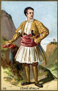 जॉर्ज गॉर्डन नोएल का पोर्ट्रेट, 6 वें बैरन बायरन, लॉर्ड बायरन (1788 - 1824) ने ग्रीक कपड़े पहने। 19 वीं शताब्दी की क्रोमोलिथोग्राफी। द्वारा अज्ञात कलाकार