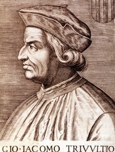 फ्रेंच Trivulce में Giangiacomo Trivulzio (मार्शल Trivulce) Marquis de Vigevano का पोर्ट्रेट। फ्रांस के मार्शल (1448 से 1518)। 17वीं शताब्दी की नक्काशी द्वारा अज्ञात कलाकार