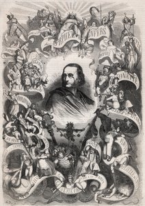 जैक्स ऑफ़ेनबैक (1819-1880) का पोर्ट्रेट, फ्रांसीसी संगीतकार और थिएटर डेस बौफ़्स पेरिसियन्स के निर्देशक, उनके कार्यों के पात्रों से घिरे हुए - "ले मोंडे इलस्ट्रे" में उत्कीर्णन द्वारा अज्ञात कलाकार
