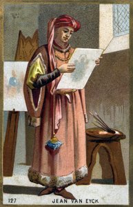 जन वैन आइक का पोर्ट्रेट (1390 -1441) फ्लेमिश चित्रकार - एक लिरिपिपियन की हेडड्रेस। 19 वीं शताब्दी की क्रोमोलिथोग्राफी। द्वारा अज्ञात कलाकार