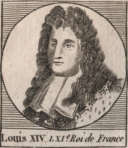 लुई XIV (1638-1715) का पोर्ट्रेट, फ्रांस के राजा लुइस द ग्रेट या किंग सोलेई - लुई XIV, जिसे लुई द ग्रेट या सन किंग के नाम से जाना जाता है - चार्ल्स कॉन्स्टेंट द्वारा "इंस्ट्रक्शन सुर ल हिस्टोइरे डी फ्रांस" से उत्कीर्णन ले टेलर 1821 द्वारा अज्ञात कलाकार