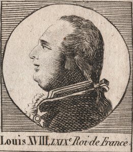 लुई XVIII (1755-1824) का पोर्ट्रेट, 1814 से 1815 तक और 1815 से 1824 तक डिज़ायर, फ्रांस के राजा और नवरे का उपनाम - लुई XVIII, जिसे वांछित, फ्रांस के राजा के रूप में जाना जाता है - "निर्देश सुर ल हिस्टोइरे डे" से उत्कीर्णन फ्रांस ”चार्ल्स कॉन्स्टें द्वारा अज्ञात कलाकार