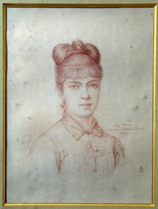 अलेक्जेंड्रे डुमास जूनियर (1824-1895) की बेटी मैरी अलेक्जेंड्रिन हेनरीट डुमास डेवी डे ला पाइलेटेरी डिट कोलेट (1860-1907) का पोर्ट्रेट "बेनामी ड्राइंग। 1878 विलर्स कॉटरेट्स। अलेक्जेंड्रे डुमास संग्रहालय द्वारा अज्ञात कलाकार