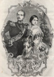 उनकी शाही महारानी राजकुमारी विक्टोरिया (1840-1901) (क्वीन विक्टोरिया) और प्रशिया के क्राउन प्रिंस फ्रेडरिक विलियम (1831-1888) का पोर्ट्रेट। 1858 से उत्कीर्णन। द्वारा अज्ञात कलाकार