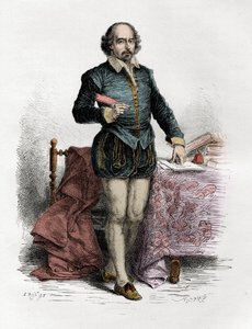 विलियम शेक्सपियर का पोर्ट्रेट (1564-1616), अंग्रेजी लेखक - फ्रेंकोइस गुइज़ोट द्वारा "द हिस्ट्री ऑफ़ इंग्लैंड, पहले के समय से" में उत्कीर्णन 1877 द्वारा अज्ञात कलाकार