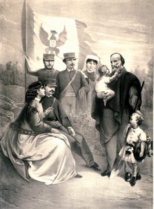 इतालवी देशभक्त और रिसोर्गिमेंटो ग्यूसेप गैरीबाल्डी (1807-1882) के नायकों का पोर्ट्रेट उनके बच्चों मेनोटी, रिकसिओटी स्टैंडिंग और टेरेसा, फ्रांसेस्का आर्मोसिनो और लिटिल मैन्लियो और क्लेलिया से घिरा हुआ है। १८७० के आसपास चित्रण। निजी संग्रह द्वारा अज्ञात कलाकार
