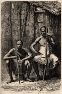 दो बकली योद्धाओं का चित्र। 1861-1864 में डॉक्टर ग्रिफॉन डू बेले की गैबॉन की यात्रा का वर्णन करने के लिए एच. कास्टेली द्वारा चित्रण। एडौर्ड चार्टन द्वारा संपादित "" ले टूर डू मोंडे "" में उत्कीर्णन द्वारा अज्ञात कलाकार