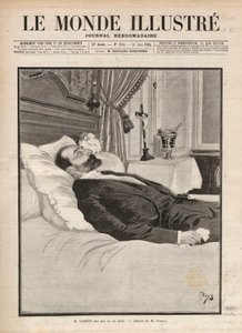 गणतंत्र के राष्ट्रपति सादी कार्नोट (1837-1894) उनकी मृत्युशय्या पर, ट्रेड यूनियन और अराजकतावादी आंदोलन के संदर्भ में, 24 जून को ल्योन प्रदर्शनी में, सैंटे कैसरियो (1873-1894) और बाद में उनकी हत्या कर दी गई थी। "ले मोंडे शानदार" में उत्कीर्णन f द्वारा अज्ञात कलाकार