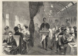 1869 में पैसिफिक रेलवे का पुलमैन डाइनिंग कैरिज - पैसिफिक रेलवे के एक वैगन होटल के अंदर - द्वारा अज्ञात कलाकार
