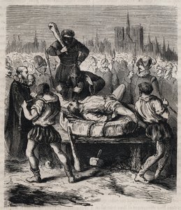 1610 में पेरिस में प्लेस डी ग्रीव पर राजा हेनरी चतुर्थ (1553-1610) के हत्यारे फ्रेंकोइस रैविलैक (1578-1610) की सजा - पियरे जैकोन (1817-1895) द्वारा "गुप्त, राजनीतिक और धार्मिक समाजों का इतिहास" में 1879 का उत्कीर्णन द्वारा अज्ञात कलाकार