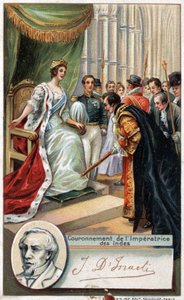 इंग्लैंड की रानी विक्टोरिया ने बेंजामिन डिज़रायली (1804-1881) ब्रिटिश लेखक और राजनीतिज्ञ के समर्थन से 1877 में भारत के साम्राज्य का ताज पहनाया। 19 वीं शताब्दी की क्रोमोलिथोग्राफी। द्वारा अज्ञात कलाकार