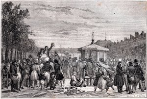 26 जुलाई, 1830 को पेरिस में रॉयल पैलेस के उद्यानों में समाचार पत्र मोनाइटूर में प्रकाशित होने वाले शासनों का प्रकाशन गृहयुद्ध के दौरान - क्रांति 1830 - जार्डिन डु पलाइस-रॉयल में ले मोनाइटुर में नुस्खे पढ़ना, 26 जुलाई, 1830 को शाम 7 बजे। - द्वारा अज्ञात