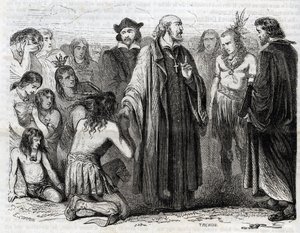 बार्टोलोम डे लास कास का प्रतिनिधित्व (1484-1566) डोमिनिकन पुजारी, भारतीयों के साथ मिशनरी" (पोर्ट्रेट ऑफ बार्टोलोम डी लास कैसास, डोमिनिकन तपस्वी और भारतीयों का रक्षक - 1860 का उत्कीर्णन) द्वारा अज्ञात कलाकार