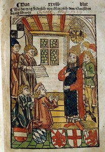 कॉन्स्टेंस की परिषद (1414-1418) का प्रतिनिधित्व, सम्राट सिगिस्मंड I और एंटीपोप जॉन XXIII द्वारा बुलाई गई। उन्होंने पश्चिम के महान विवाद को समाप्त कर दिया। 1414 का लघुचित्र। पेरिस। पोलिश पुस्तकालय द्वारा अज्ञात कलाकार