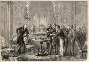 कॉमेडी फ्रैंकेइस में होनोर डी बाल्ज़ाक (1799-1850) द्वारा नाटक "" मर्कडेट "" (ले फैसुर) का प्रतिनिधित्व। अधिनियम III, दृश्य VI। "" ल 'विश्वविद्यालय शानदार" में उत्कीर्णन द्वारा अज्ञात कलाकार