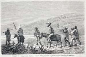 रिचर्ड फ्रांसिस बर्टन, ब्रिटिश खोजकर्ता (1821-1890), और अफ्रीका में उनके साथी। लेख "" कैप्टन बर्टन की अफ्रीका की महान झीलों की यात्रा 1857-59 "-" टूर डू मोंडे "" में, दूसरा सेमेस्टर। १८६० द्वारा अज्ञात कलाकार
