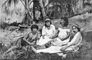 रॉबर्ट लुई स्टीवेन्सन (1850 - 1894) अपनी पत्नी के साथ समोआ में जहां उनका निवास वैलीमा में प्रकाशित हुआ था। 1890-1895 के आसपास उत्कीर्णन। द्वारा अज्ञात कलाकार
