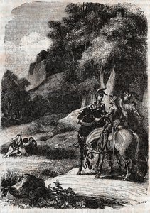 रोजर (रगगेरो, रग्गिएरो), मार्फिस (मार्फिसा) और तीन महिलाएं - लुडोविको एरियोस्टो द्वारा "" रोलैंड फ्यूरिएक्स"" (ऑरलैंडो फ्यूरियोसो) (16 वीं शताब्दी) से 1851 से उत्कीर्णन, जिसे एरियोस्टो कहा जाता है - काउंट ऑफ ट्रेसन द्वारा इतालवी से अनुव द्वारा अज्ञात कलाकार