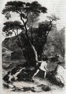 रोलांड एंजेलिक (एंजेलिका) का पीछा कर रहा है - लुडोविको एरियोस्टो द्वारा "" फ्यूरियस रोलैंड "" (ऑरलैंडो फ्यूरियोसो) (16 वीं शताब्दी) से 1851 की उत्कीर्णन, जिसे एरियोस्टो के रूप में जाना जाता है - काउंट ऑफ ट्रेसन द्वारा इतालवी से अनुवादित द्वारा अज्ञात कलाकार