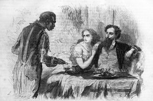 पॉल बोकेज (1824-1887) द्वारा रोमन धारावाहिक: "द प्यूरिटन्स ऑफ पेरिस"। "निग्रे ने रॉबर्ट को बिजनेस कार्ड लाया।" "" लेस बोन्स रोमांस "" में उत्कीर्णन द्वारा अज्ञात कलाकार