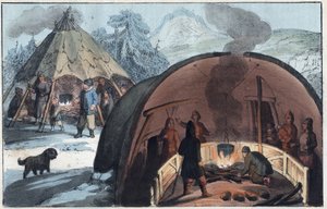 लैपलैंड में एक तंबू में सामी परिवार - आग के चारों ओर एक परिवार के साथ लैपलैंडर हट का इंटीरियर - ब्रह्मांड के सभी लोगों के रीति-रिवाजों और परंपराओं से उत्कीर्णन। वह सरकार का इतिहास है, कानूनों का, मिलिशिया का, सभी राष्ट्रों के धर्म का द्वारा अज्ञात कलाकार