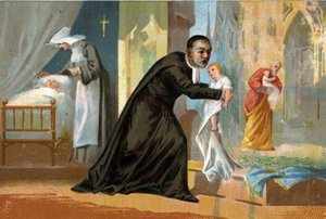 संत विंसेंट डी पॉल (1576-1660), अपने दान के लिए प्रसिद्ध, बच्चों को खोजने के लिए अस्पताल के निर्माता। 19 वीं शताब्दी की क्रोमोलिथोग्राफी। द्वारा अज्ञात कलाकार