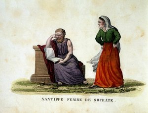 सुकरात और उनकी पत्नी ज़ांतिप्पे (ज़ांथिप्पे) के बीच का दृश्य - उत्कीर्णन द्वारा अज्ञात कलाकार