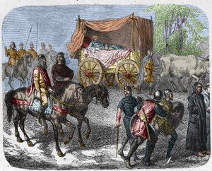 आलसी राजाओं का चित्रण करने वाला दृश्य: फ्रांस के राजा थियरी III (673-691) बैलों द्वारा खींचे गए बिस्तर के साथ एक टैंक में ले जाते हैं। द्वारा अज्ञात कलाकार